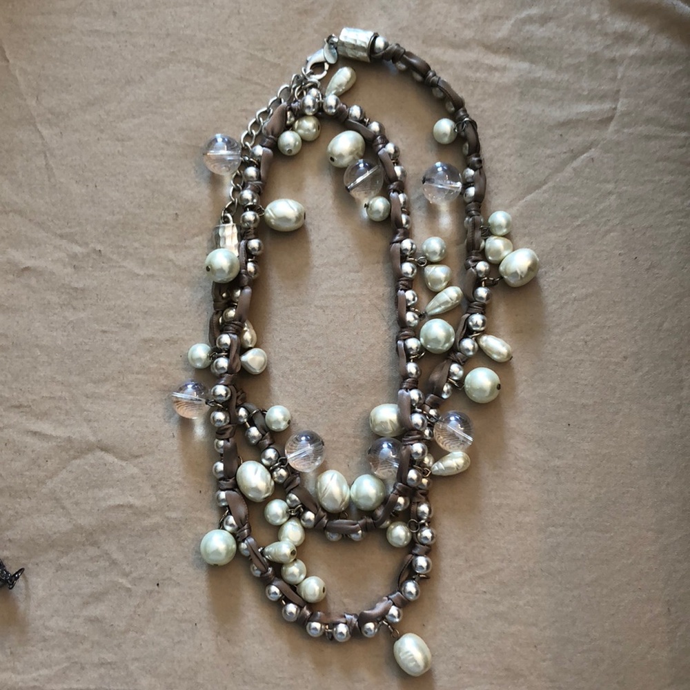 Silver, Gray Ribbon and Pearl Necklace